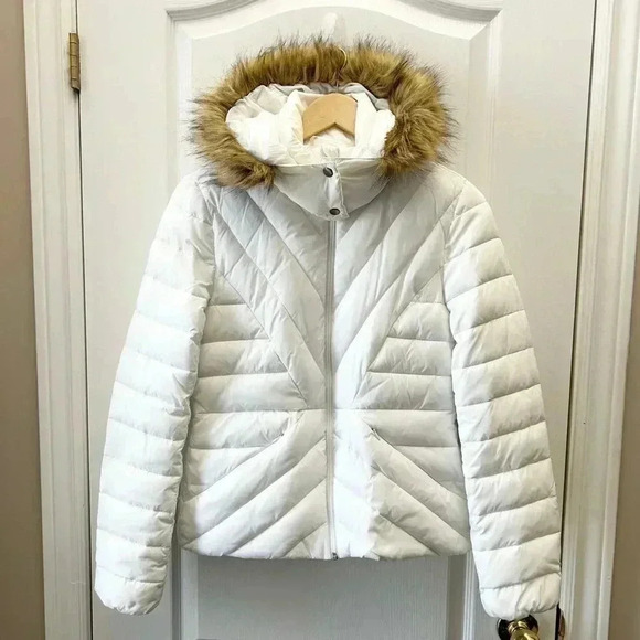 Joe Fresh Puffer Jacket Faux Fur Trimmed Hood Quilted Winter Coat White Small - Picture 3 of 16